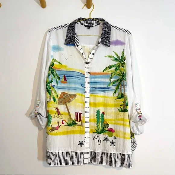 John Mark White Button-Down Top Colorful Beach Vacation Dog Resort Wear Print XL - Picture 2 of 15